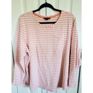 Lands End 1X Tunic Top Roll Tab 3/4‎ Sleeve Cotton Stripe Round Neck Peach White